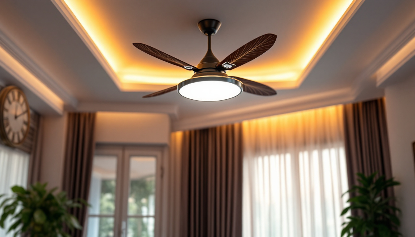A photograph of a beautifully designed ceiling fan in an aesthetically pleasing room