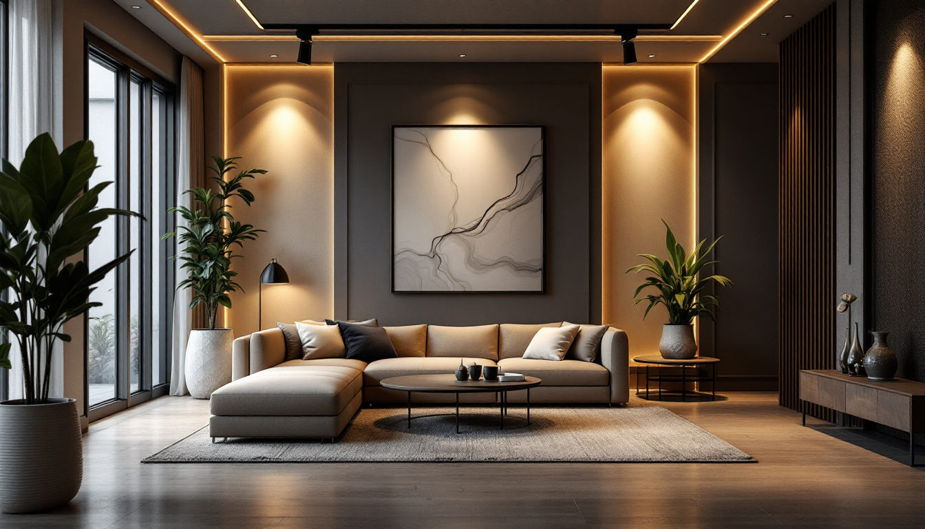 A photograph of a stylishly designed room featuring angled recessed lighting that highlights architectural details and creates an inviting atmosphere