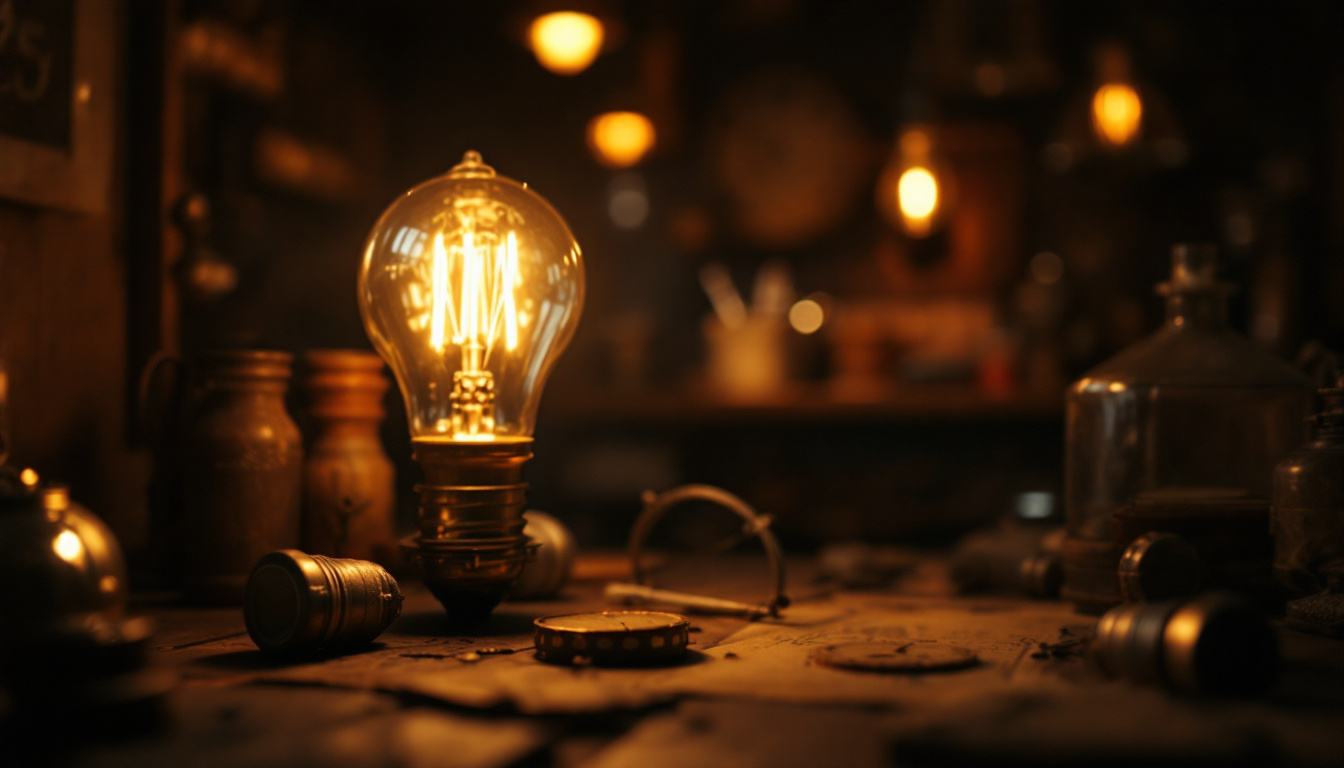 A photograph of a vintage light bulb glowing softly in a dimly lit setting