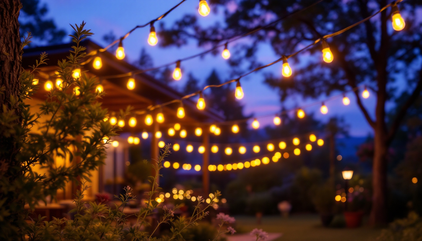 A photograph of a beautifully illuminated outdoor space adorned with vibrant led string lights