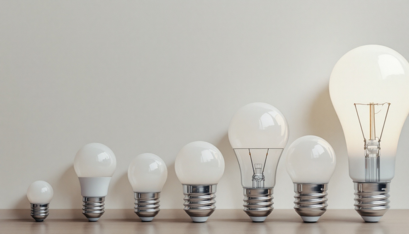 A photograph of a close-up of various standard light bulb bases arranged on a neutral background