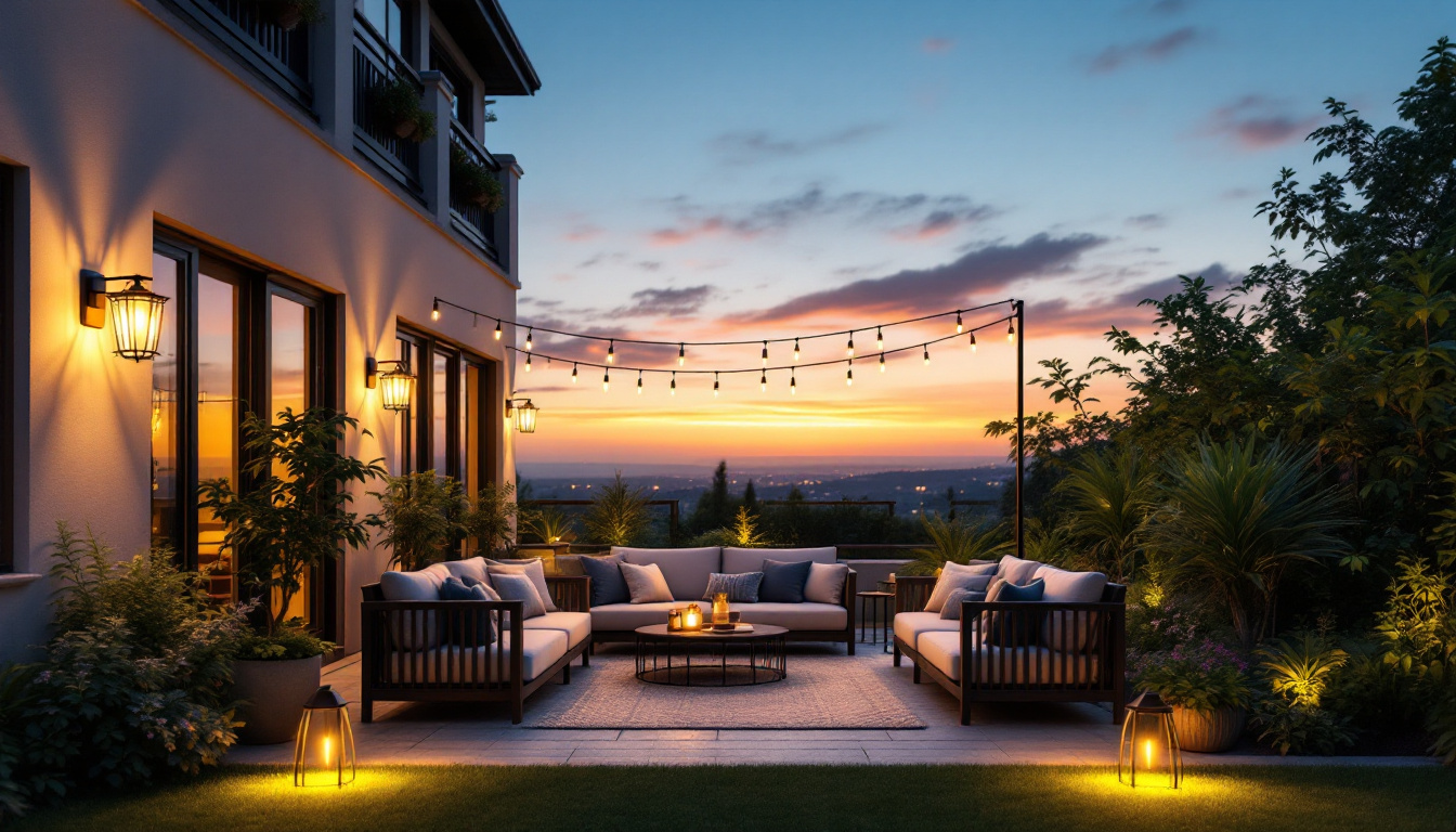 A photograph of a beautifully illuminated outdoor patio scene at dusk