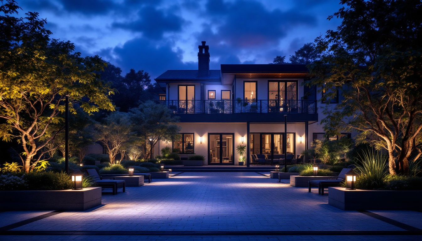 A photograph of a beautifully illuminated outdoor space showcasing various styles of flood lights in action