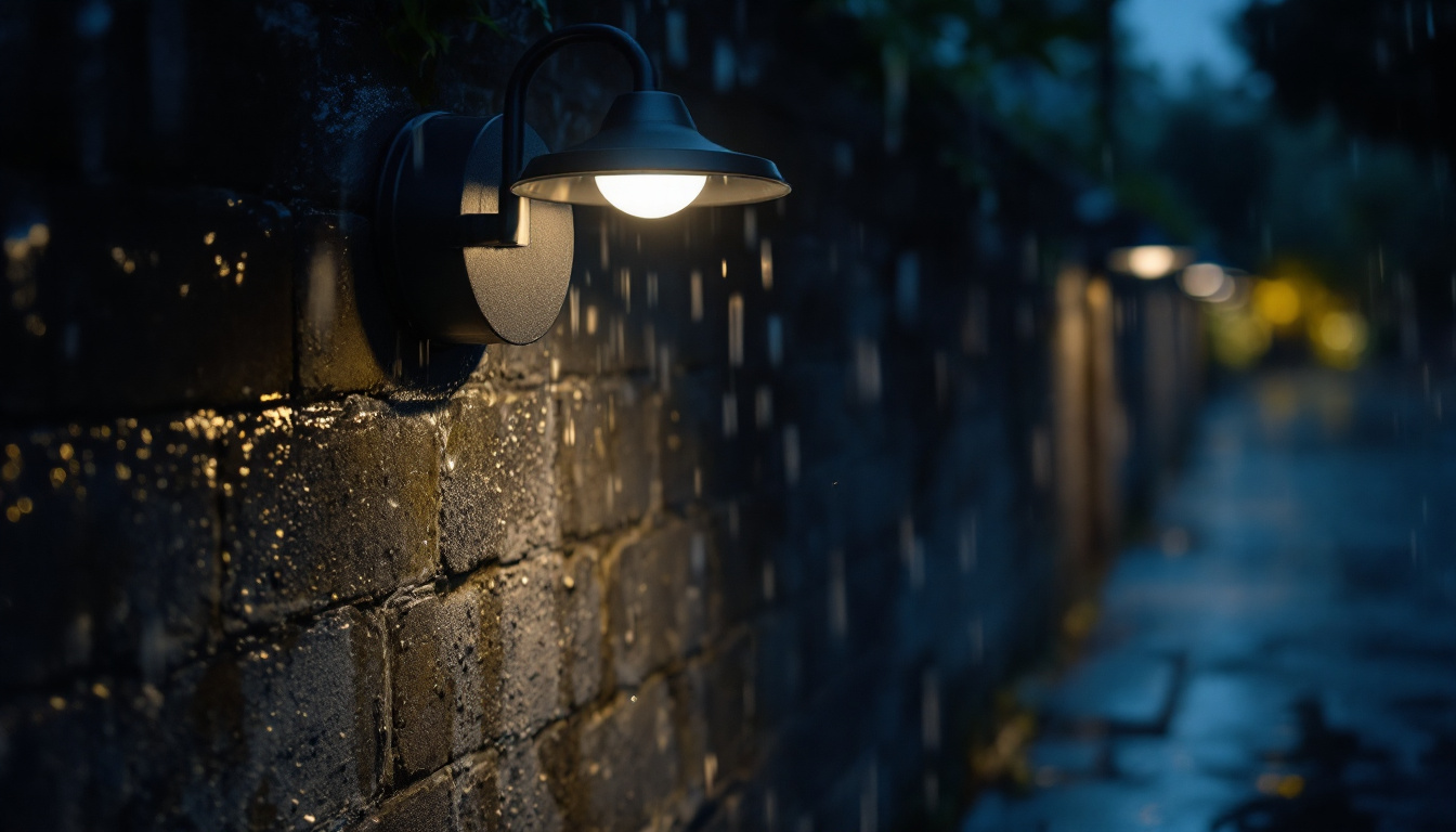 A photograph of a stylish outdoor lighting fixture designed for wet environments
