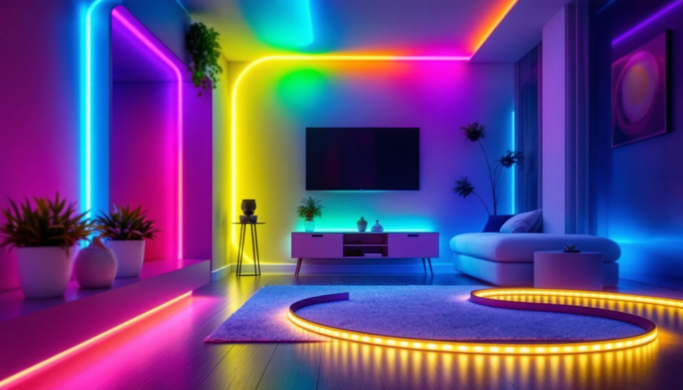 A photograph of a vibrant led strip lighting installation in a modern interior setting