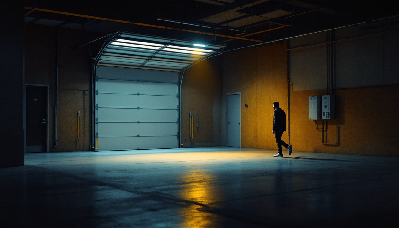A photograph of a modern garage interior featuring a motion sensor light in action