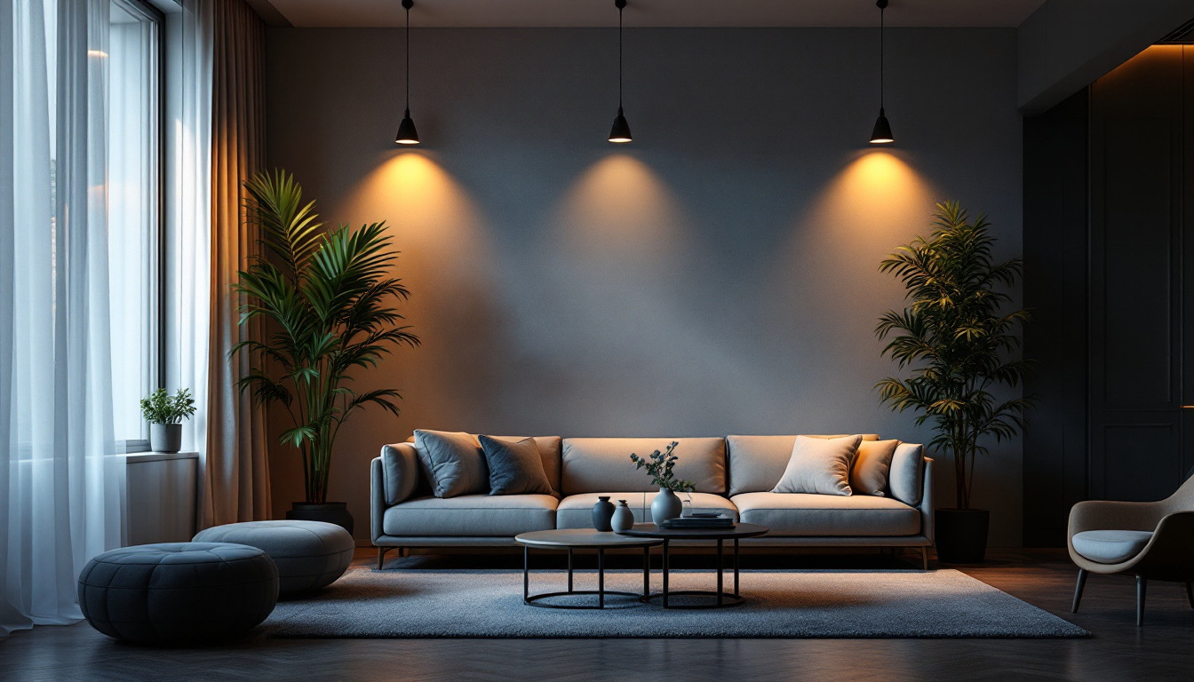 A photograph of a stylish modern living space featuring sleek can lights illuminating the room