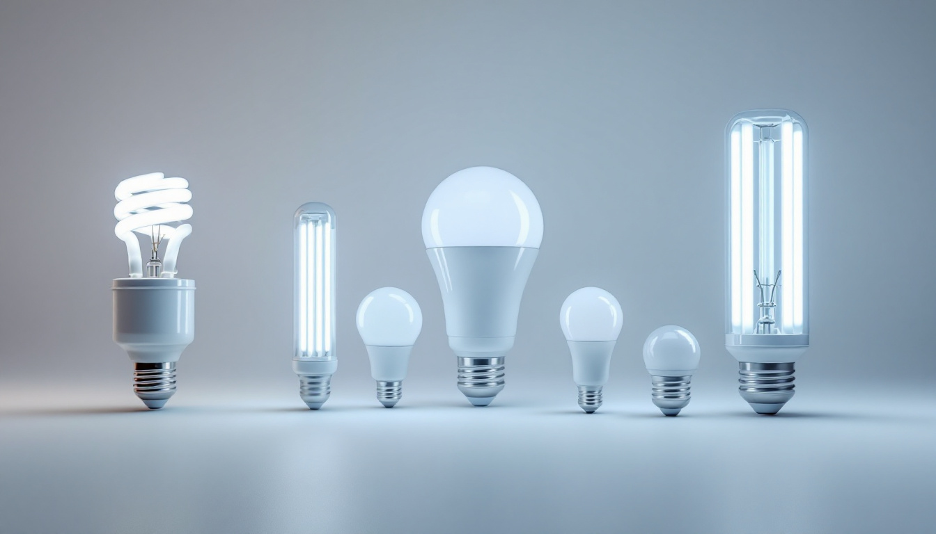 A photograph of a variety of fluorescent light bulbs in different sizes and shapes