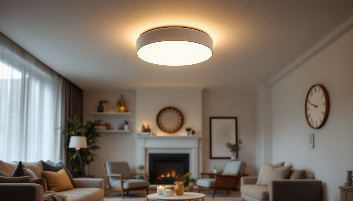 A photograph of a stylish flush mount lighting fixture installed in a well-decorated room