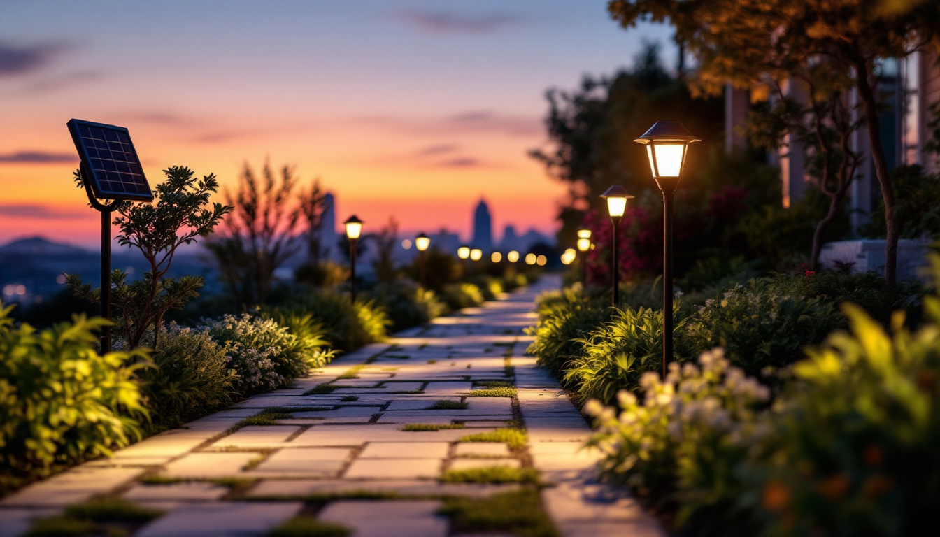 A photograph of a beautifully illuminated walkway at dusk