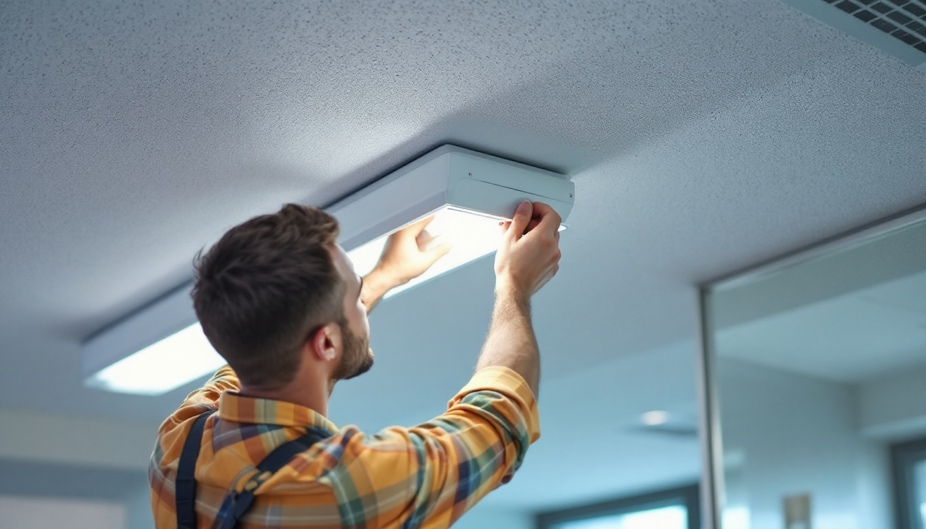 A photograph of a person carefully removing a fluorescent bulb cover from a ceiling fixture