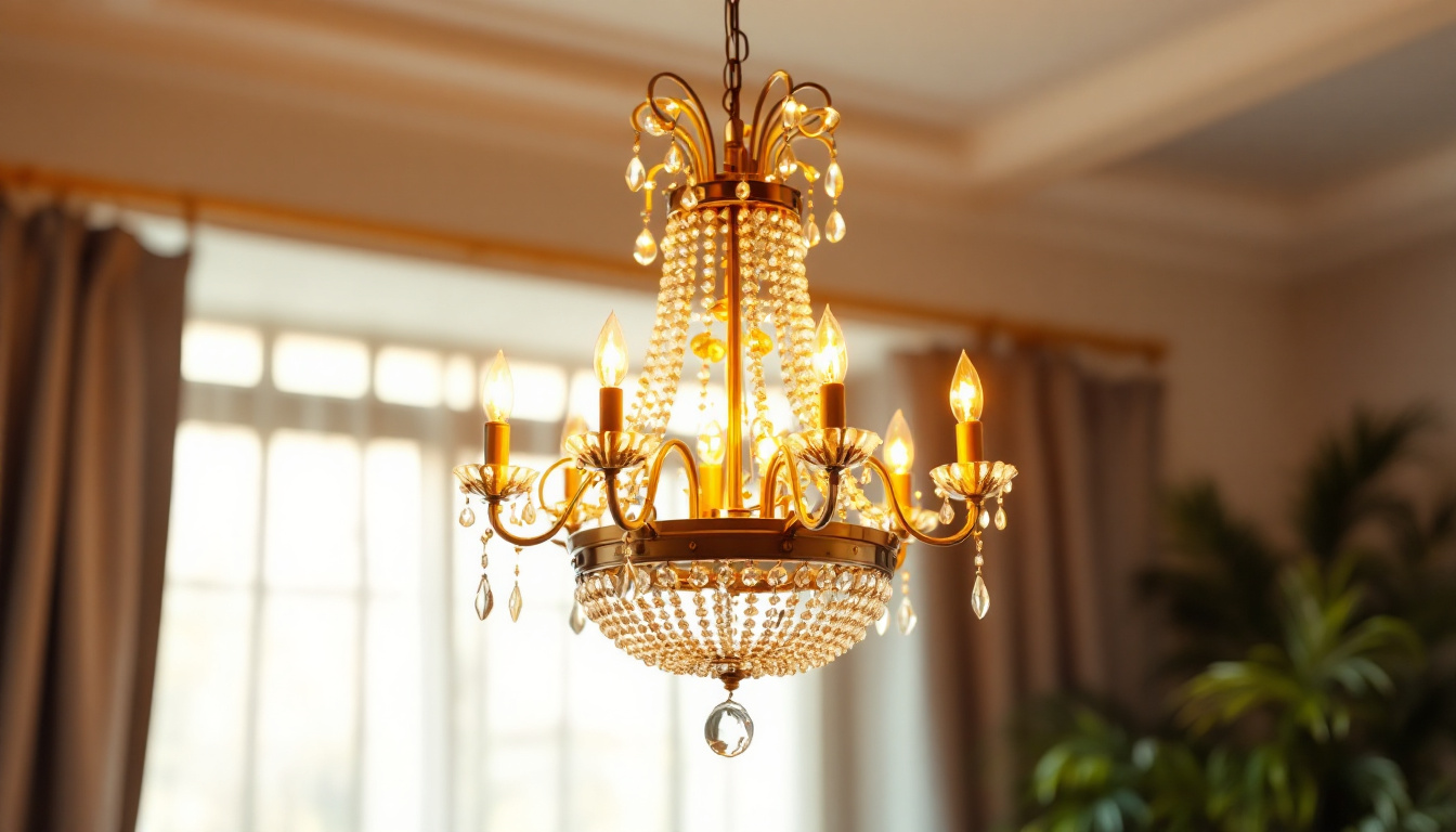 A photograph of a beautifully designed chandelier hanging elegantly in a well-lit room