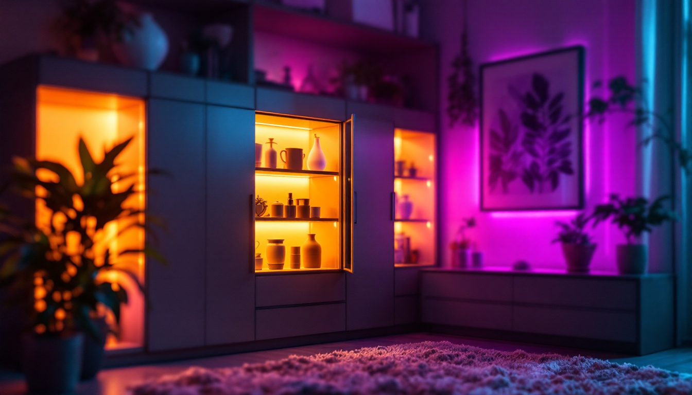 A photograph of capture a photograph of a beautifully illuminated cabinet featuring led tape lighting
