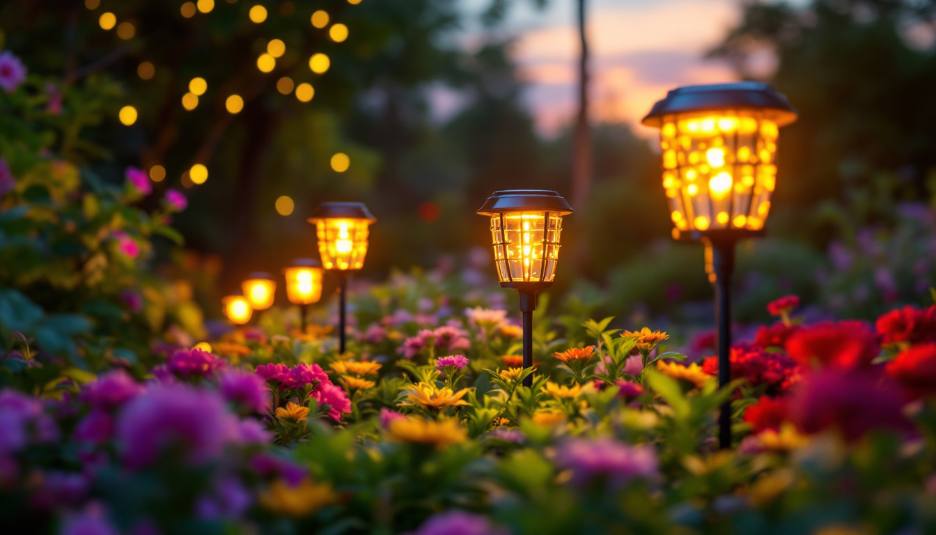 A photograph of a beautifully landscaped outdoor setting illuminated by an array of decorative solar lights at dusk