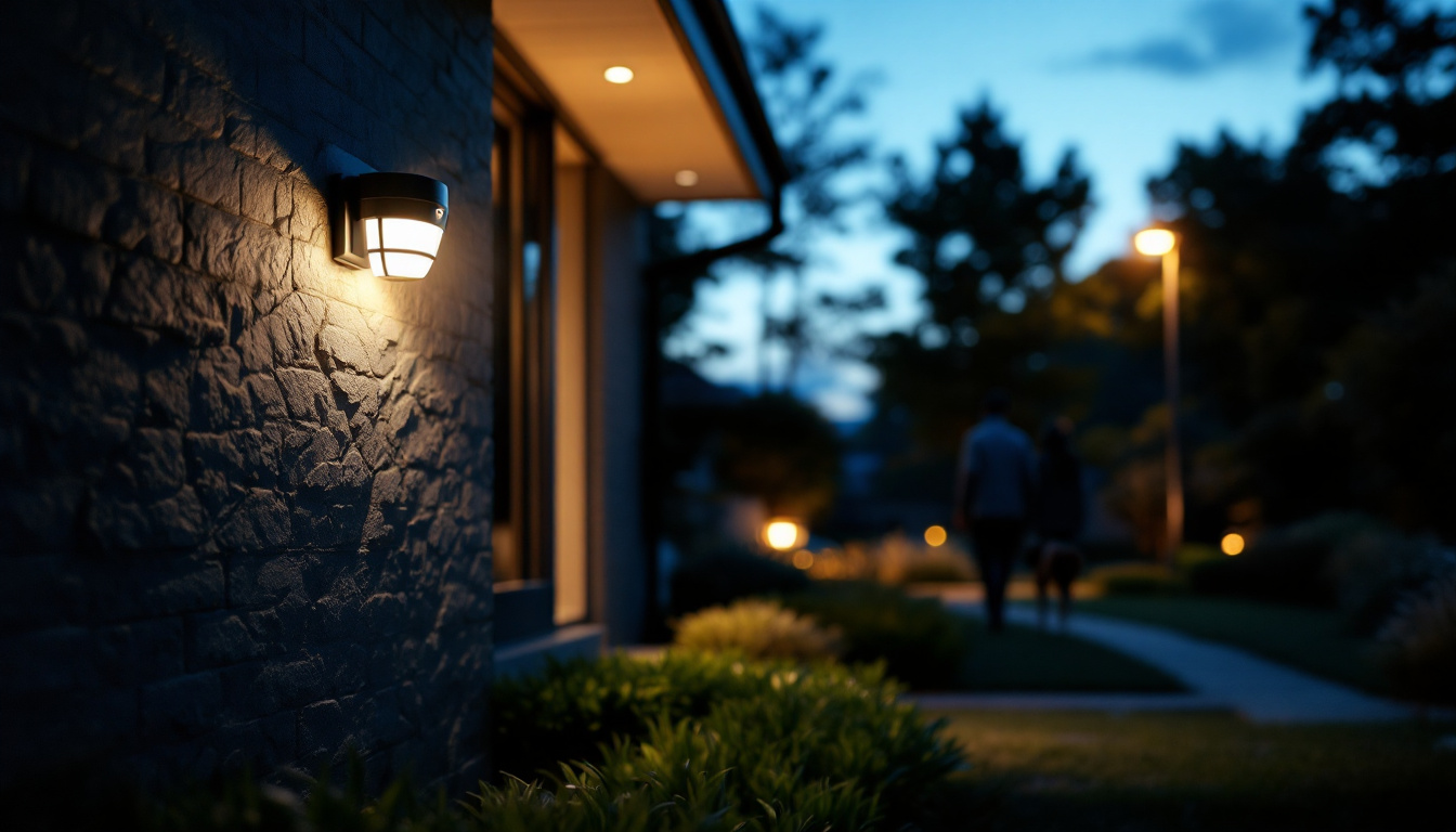A photograph of a motion-activated light illuminating a pathway or entrance at dusk