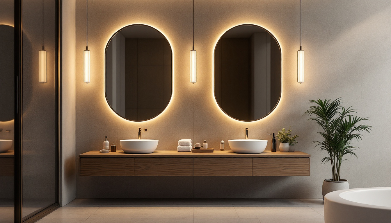 A photograph of a stylish bathroom featuring elegant wall light fixtures that illuminate the space
