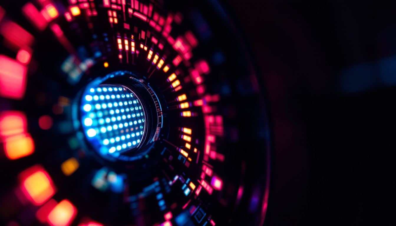A photograph of a close-up shot of a glowing led light in a dark environment