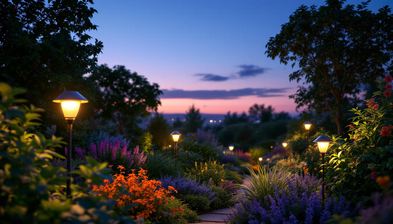 A photograph of a beautifully illuminated garden at dusk