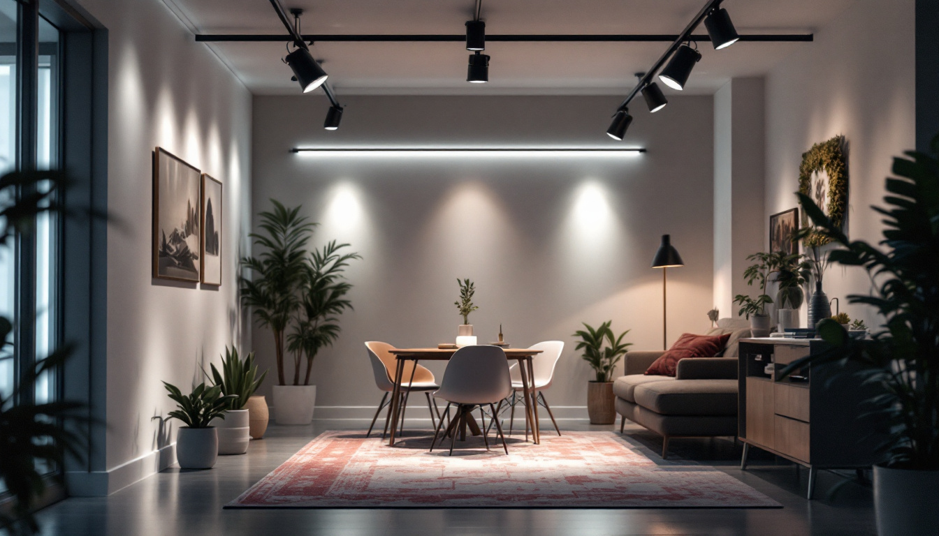 A photograph of capture a photograph of a beautifully lit interior space featuring led track lighting