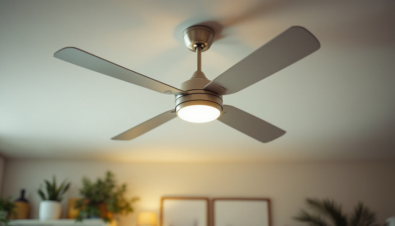 A photograph of a stylish ceiling fan in a well-lit room