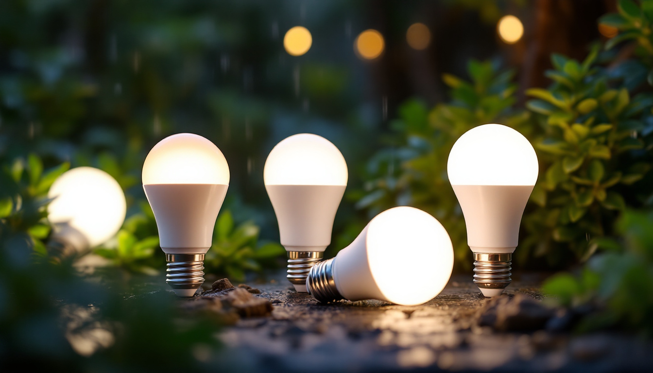 A photograph of a well-lit outdoor setting showcasing various led light bulbs designed for damp locations