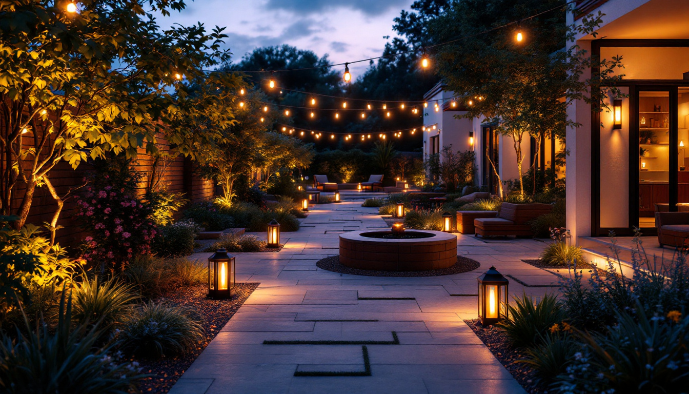 A photograph of a beautifully illuminated outdoor space featuring various accent lighting elements