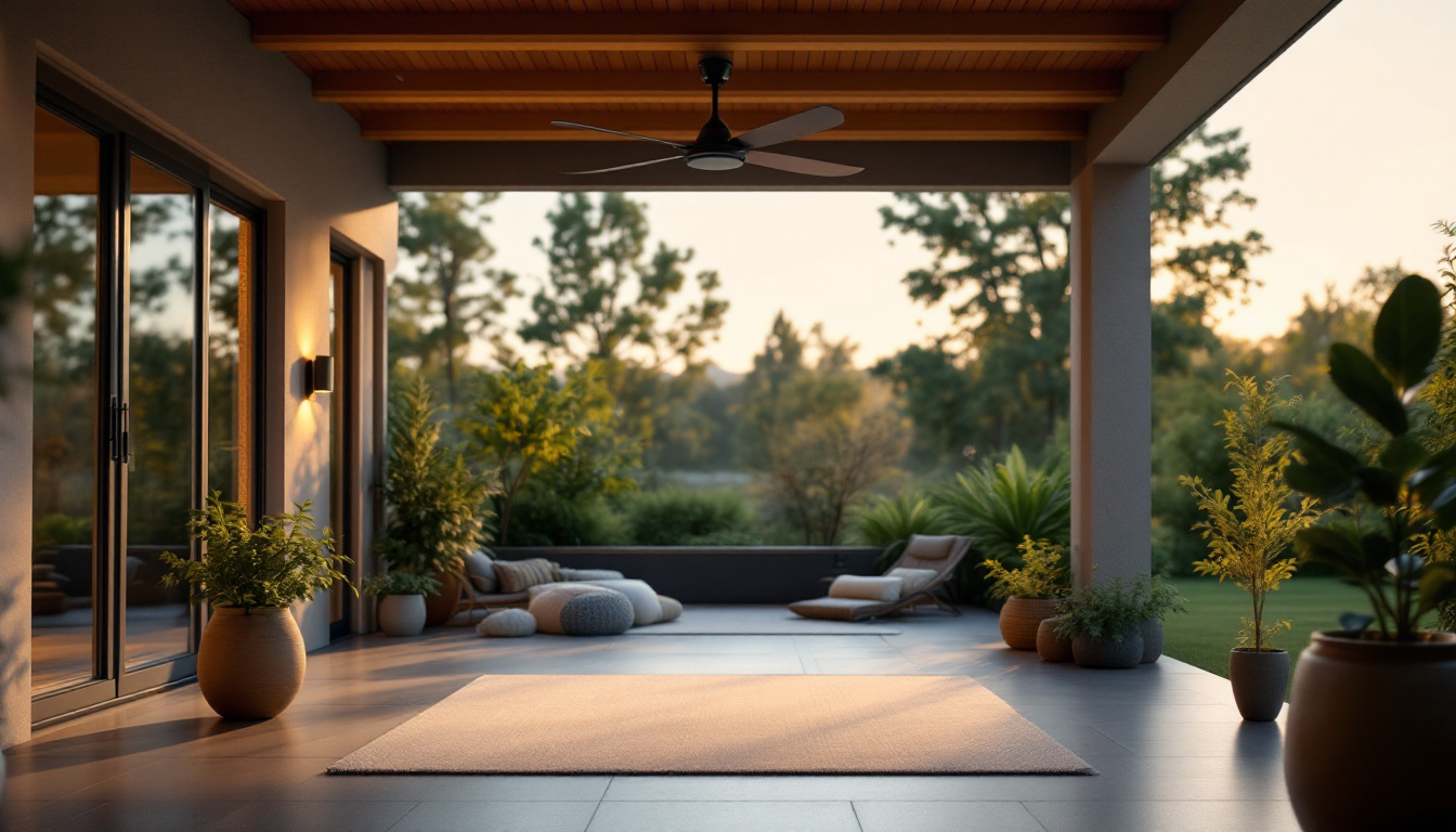 A photograph of a spacious outdoor patio featuring a stylish ceiling fan in action