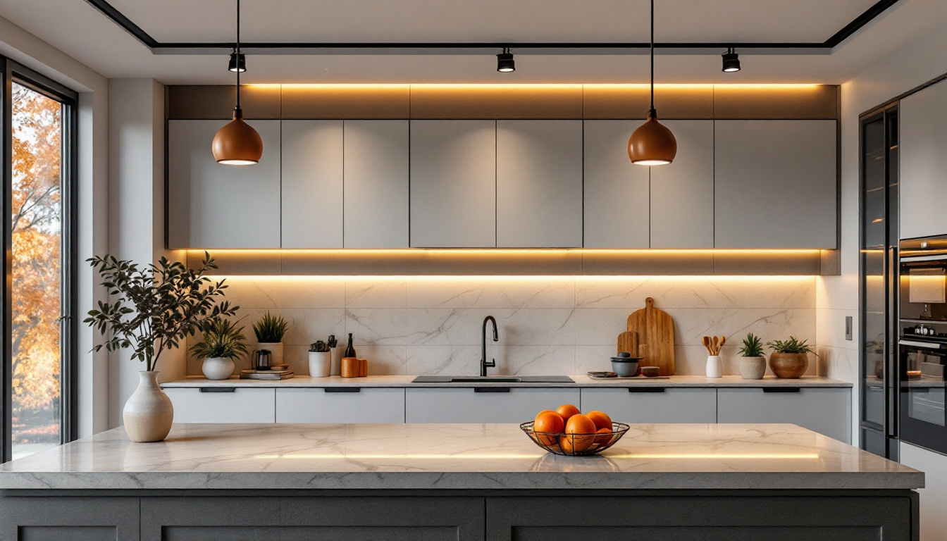 A photograph of a beautifully designed kitchen featuring stylish ceiling light fittings that highlight the space's functionality and aesthetic appeal