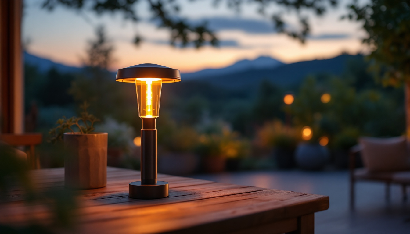 A photograph of capture a photograph of a beautifully designed outdoor led lamp illuminating a cozy patio setting at dusk
