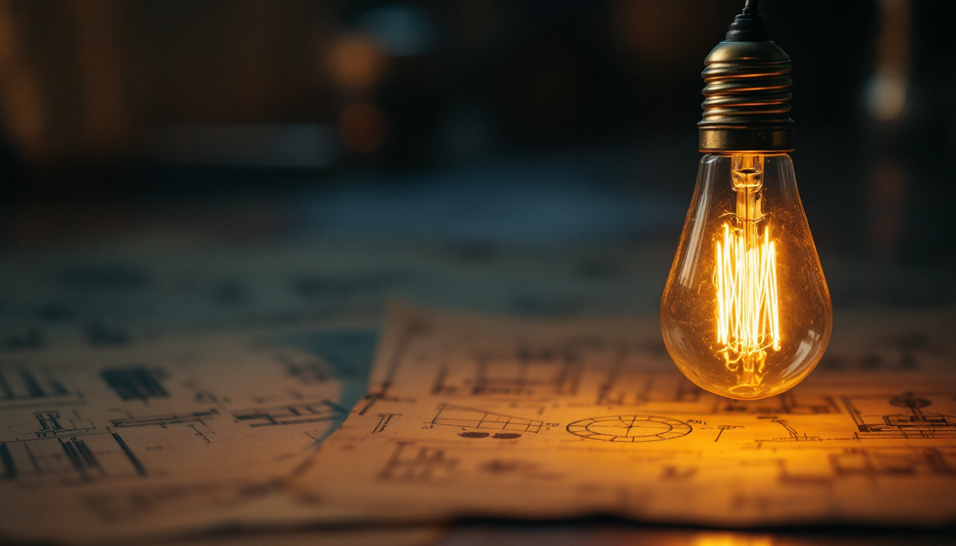 A photograph of a vintage-style light bulb glowing warmly in a dimly lit room