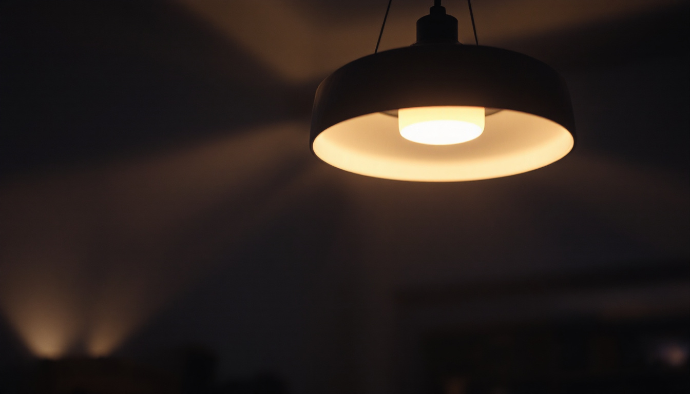 A photograph of capture a photograph of a stylish ceiling lamp illuminating a cozy living space