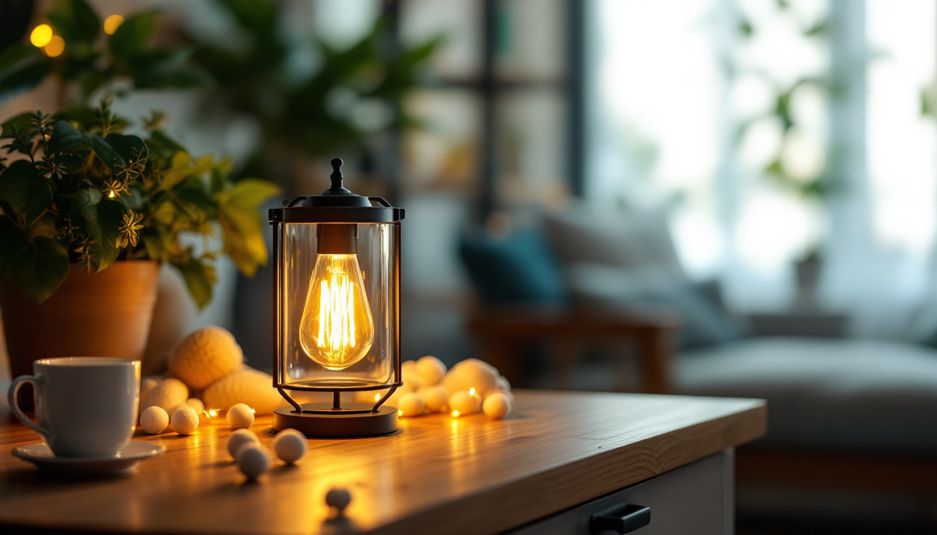 A photograph of a stylish canister light bulb glowing warmly in a cozy