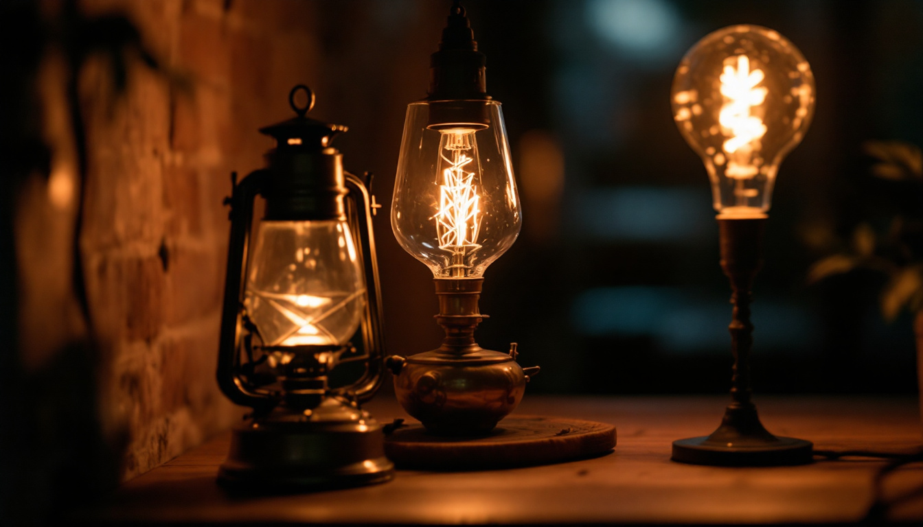 A photograph of a vintage oil lamp juxtaposed with a modern electric light source