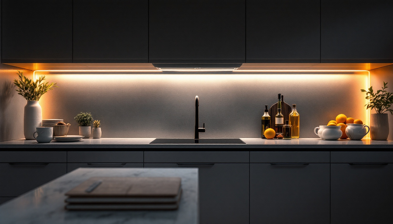 A photograph of a beautifully designed kitchen showcasing sleek under cabinet led lighting