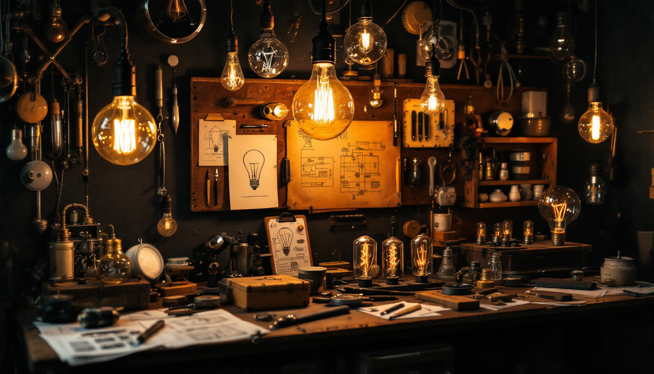 A photograph of a vintage-style workbench cluttered with various light bulb prototypes