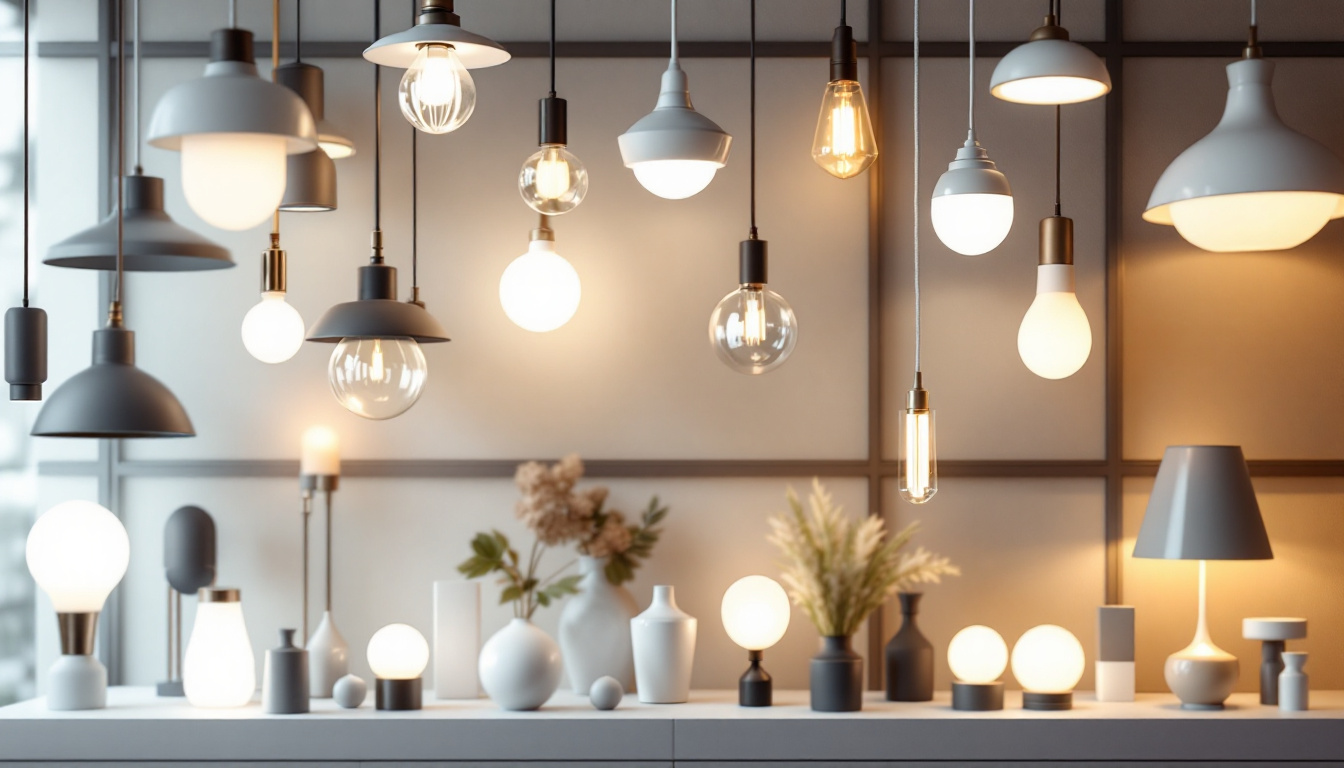 A photograph of a beautifully arranged display of various lighting fixtures