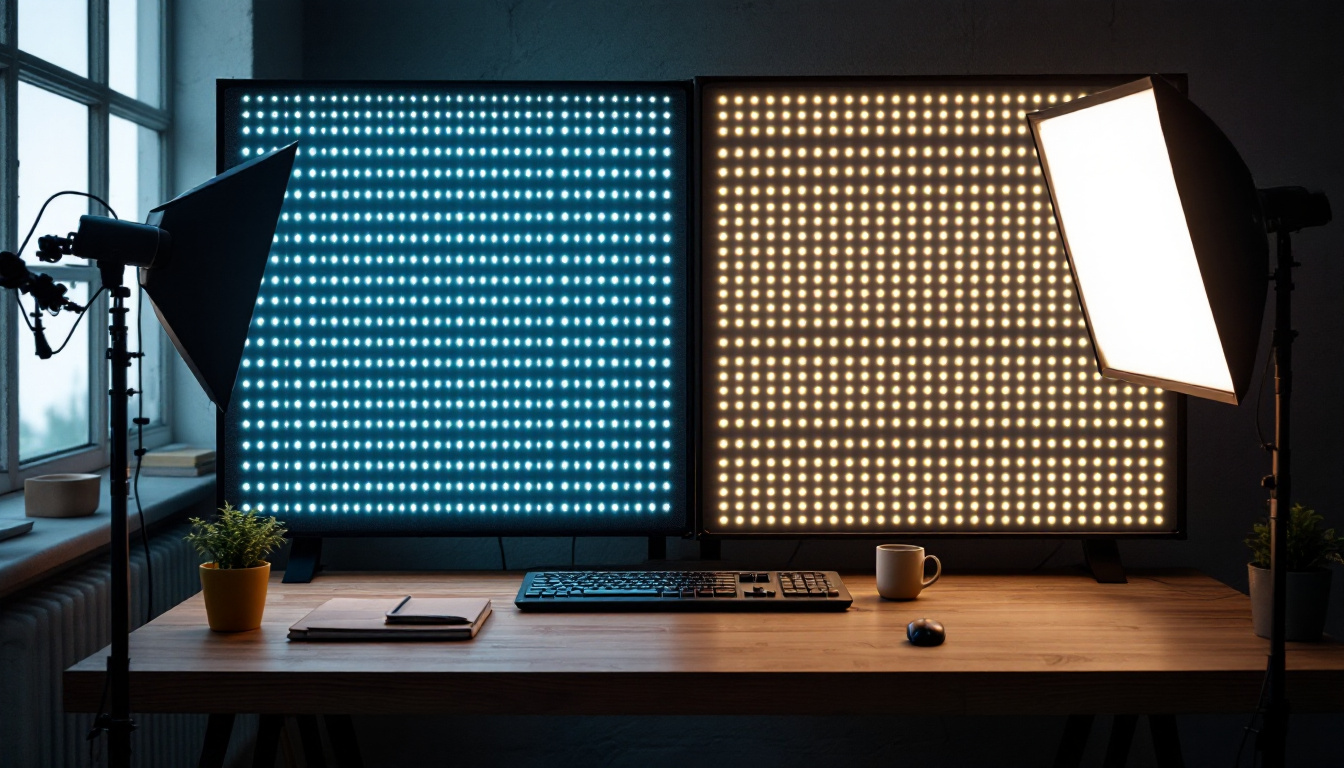 A photograph of capture a photograph of a side-by-side comparison of an led diffuser panel and a regular lighting setup