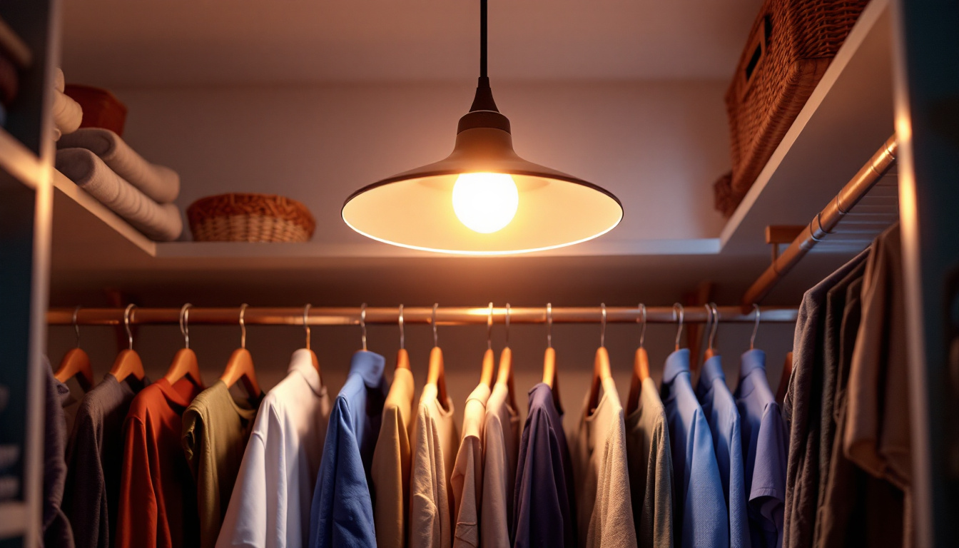 A photograph of a stylish and modern closet light fixture illuminating a neatly organized closet space