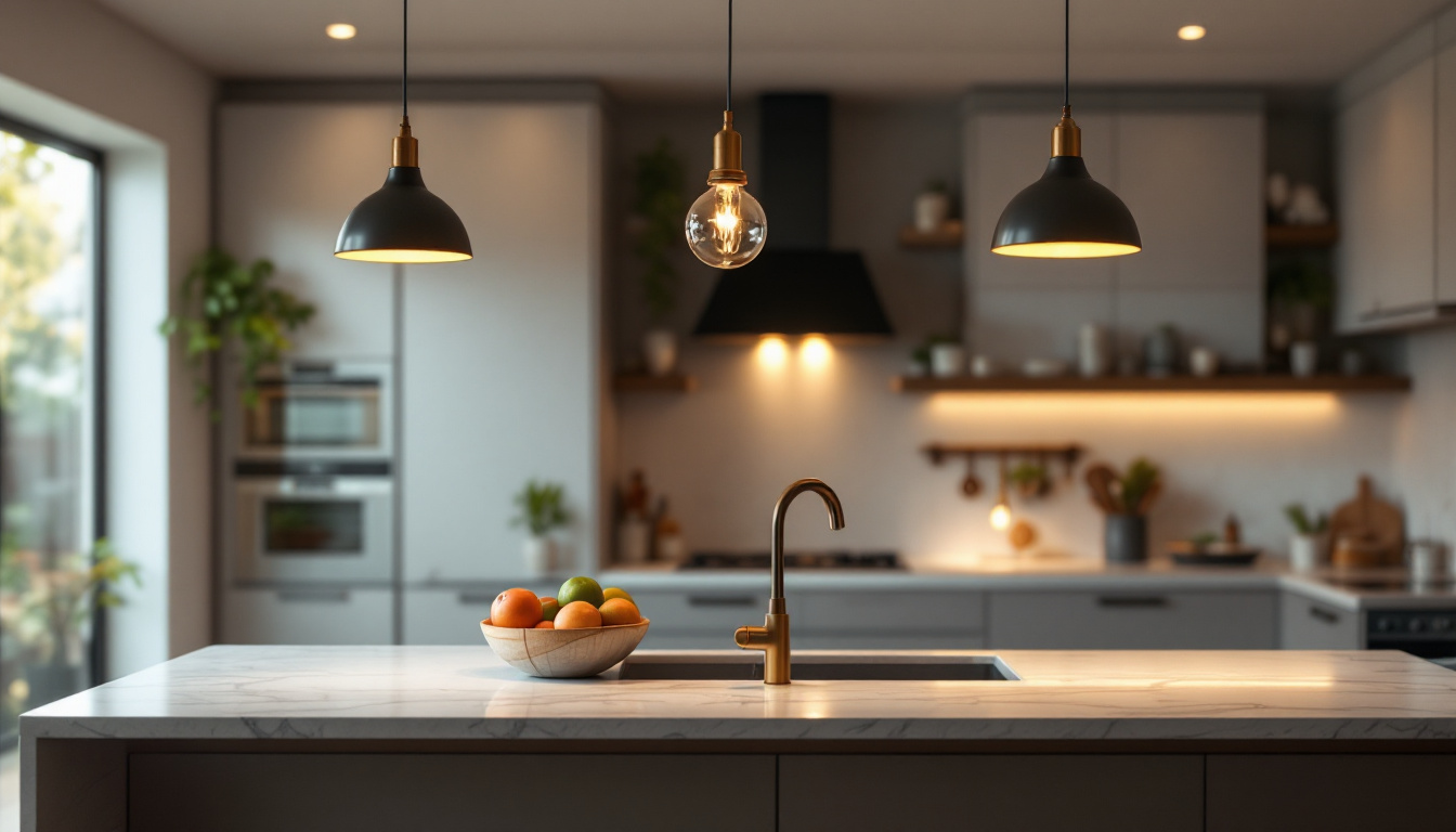 A photograph of a beautifully designed kitchen featuring an island illuminated by stylish pendant lights