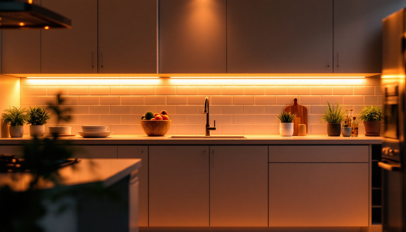 A photograph of a beautifully illuminated kitchen showcasing under-cabinet led lights