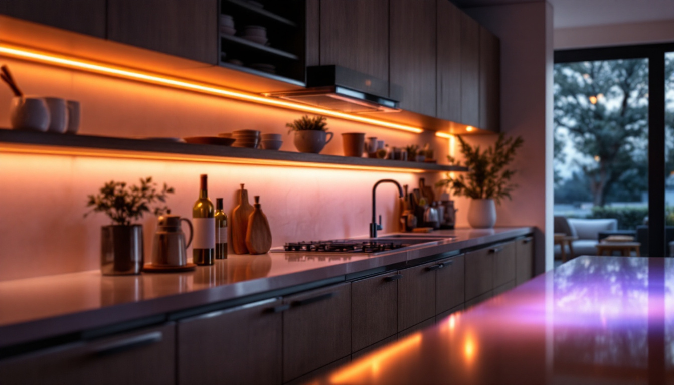 A photograph of a stylish kitchen featuring under counter led lights illuminating the workspace