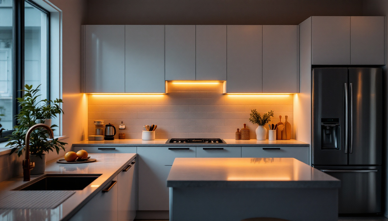 A photograph of capture a photograph of a beautifully illuminated kitchen featuring under cabinet led strip lighting