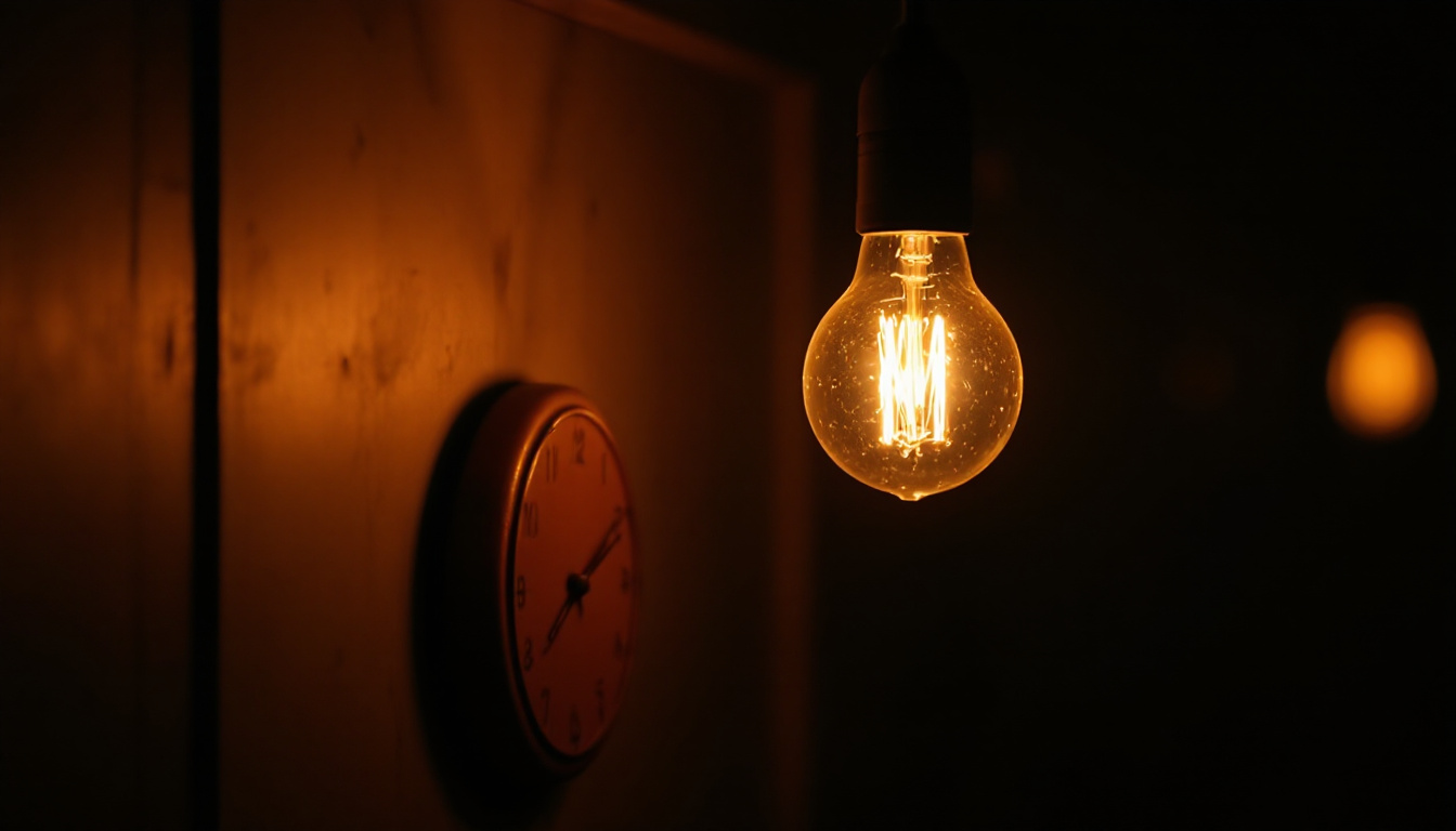 A photograph of a close-up of a flickering light bulb in a dimly lit room