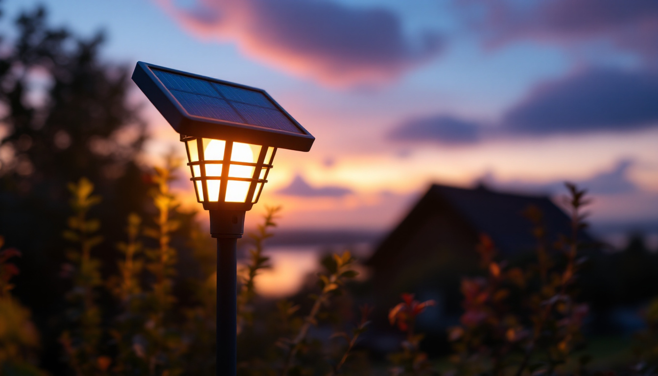 A photograph of capture a photograph of a beautifully illuminated dusk-to-dawn solar light in a serene outdoor setting