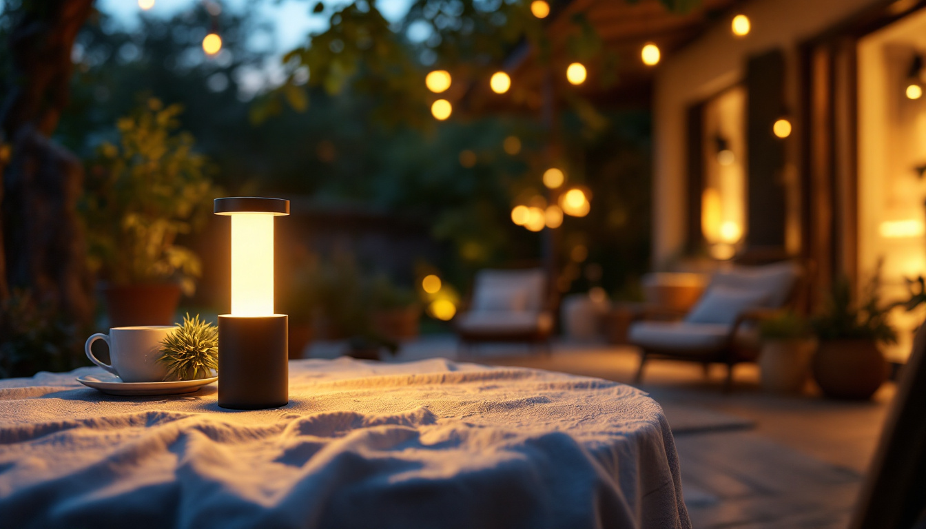 A photograph of a stylish battery-powered external light illuminating a cozy outdoor setting at dusk