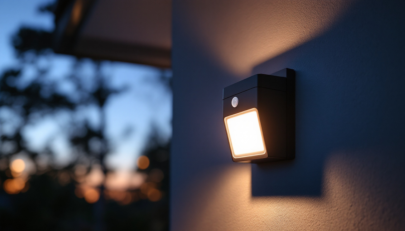 A photograph of a sleek exterior motion sensor light installed on a home's exterior