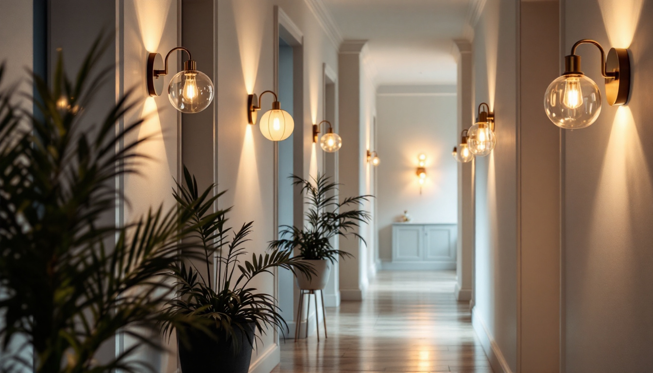 A photograph of a beautifully styled hallway featuring various wall light fixtures that showcase their design
