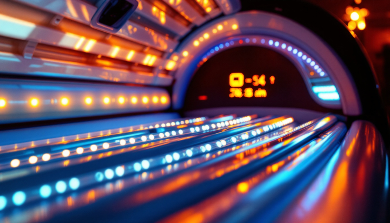 A photograph of a close-up view of a tanning bed with its vibrant