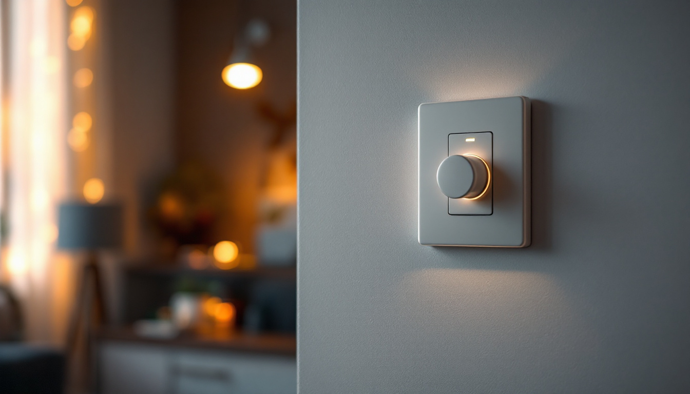 A photograph of a stylish dimmer switch installed on a wall next to a beautifully lit room featuring various dimmable led lights in warm tones