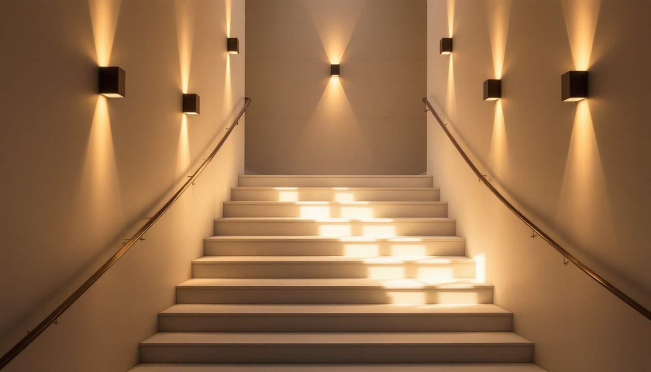 A photograph of a beautifully lit staircase